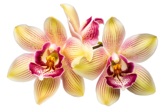 Top side closeup macro view of A collection two, three cymbidium flowers isolated on a white background PNG
