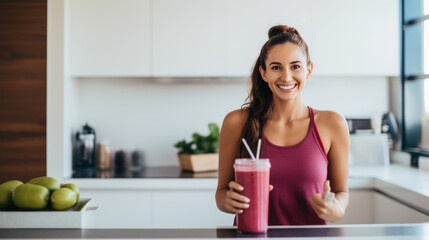 Smiling woman in a light, airy kitchen holding a smoothie. - obrazy, fototapety, plakaty