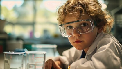 Young child in lab coat with safety goggles in science classroom