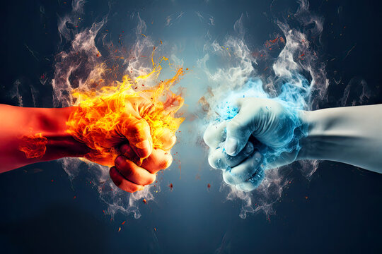Encounter of a frozen fist and a burning fist. Concept is the juxtaposition of opposing elements and the transformative nature of their union.
