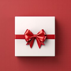 White Gift Box Wrapped in Red Ribbon And Bow, Red Background, Top View