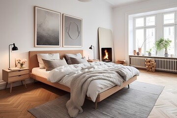 Mid-century Scandinavian bedroom in Copenhagen, featuring a platform bed, textured rugs, and a serene color palette