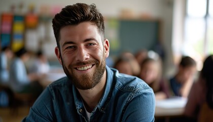 Smiling young man with people in the background in a classroom setting