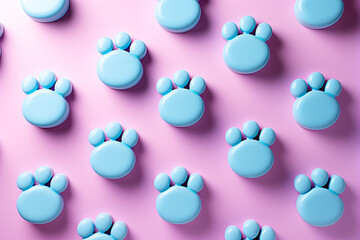 Blue paw print candies on a pink background