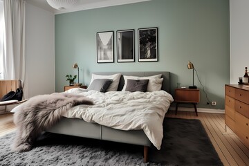 Mid-century Scandinavian bedroom in Copenhagen, featuring a platform bed, textured rugs, and a serene color palette
