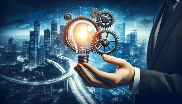 Businessman's hand holding a light bulb and a cog wheel, set against a city background in blue tones. The light bulb represents ideas. Created by using generative AI tools