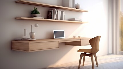 Minimalist home office with a floating desk, wall-mounted storage, and a focus on functionality