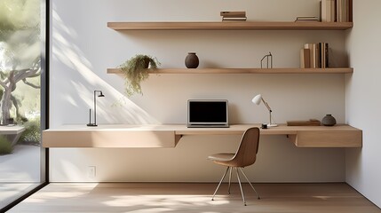 Minimalist home office with a floating desk, wall-mounted storage, and a focus on functionality