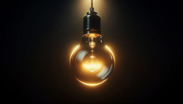 Single light bulb illuminates the surrounding darkness. The light bulb, hanging from an unseen source, glows brightly. Created by using generative AI tools