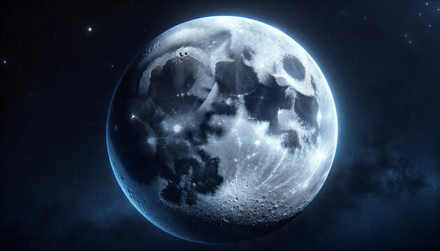 A highly realistic depiction of a full moon in the night sky. The moon is in sharp focus, dominating the center of the image, with detailed craters. Created by using generative AI tools