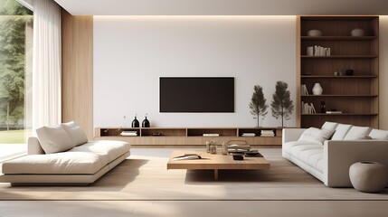 Minimalist living room with clean lines, neutral tones, and a focus on functional furniture