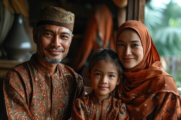 Obraz premium Portrait of a Happy Asian Muslim Family in Traditional Clothes