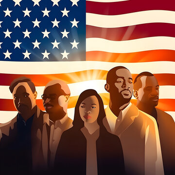 People celebrating Martin Luther King Day - national holiday celebrating diversity. American flag in background.
