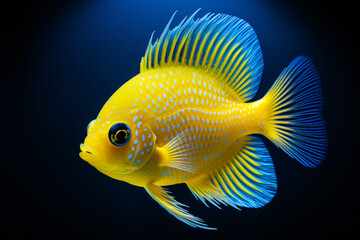 Yellow fish with blue fins isolated on dark background