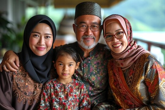 Portrait of a Happy Asian Muslim Family in Traditional Clothes