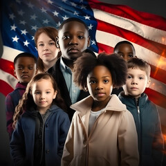 People celebrating Martin Luther King Day - national holiday celebrating diversity. American flag in background.