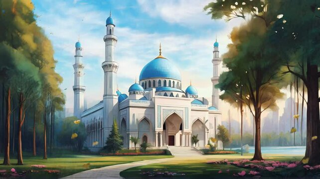 
Beautiful mosque building with nature landscape in the morning. Japanese anime illustration watercolor digital painting illustration style. Seamless Animation 4K Video Background.