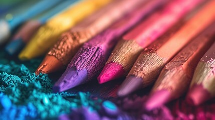 Colorful crayon pencils on a wooden table, close-up - obrazy, fototapety, plakaty