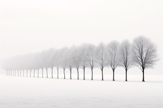 Trees disappearing into fog on snowy ground