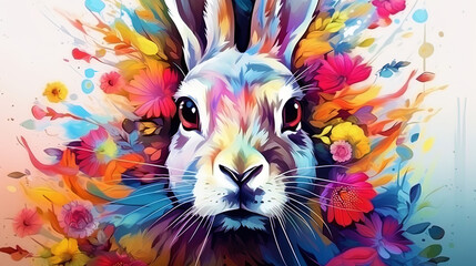 Portrait of an anthropomorphic hare in the colorful design of spring colors