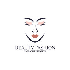 Beauty eyelash extension logo design vector illustration with woman face concept