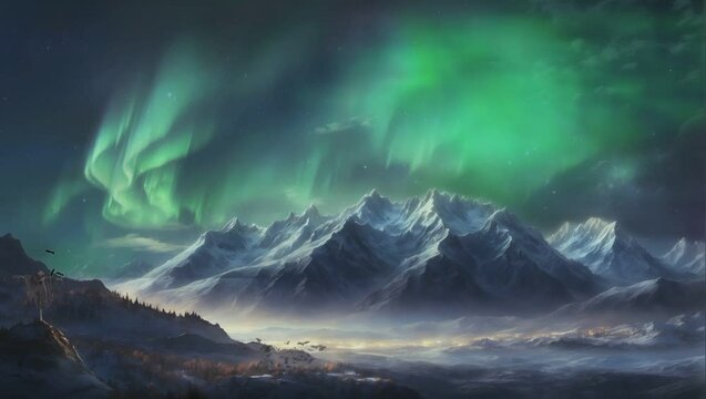 Aurora atmosphere landscape of beautiful stunning night sky, winter, mountains, with simple animation in Japanese anime watercolour style. A smooth looping video perfect for your projects