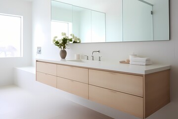Fototapeta na wymiar Minimalist modern classic bathroom with a floating vanity, frameless mirror, and a focus on simplicity and functionality