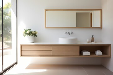 Fototapeta na wymiar Minimalist modern classic bathroom with a floating vanity, frameless mirror, and a focus on simplicity and functionality