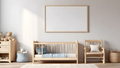  Mock-up-frame-in-children-room-with-natural-wooden-furniture--3D-render