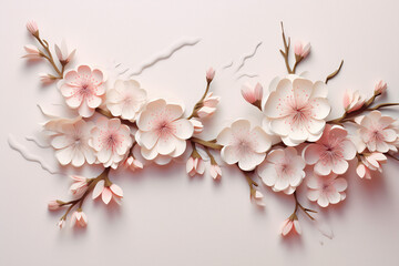 Obraz premium Elegant sakura flowers and branches on light background. Vintage floral decor for postcard. Fantastic plant 3d illustration