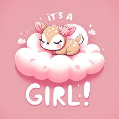 Sleeping Baby Fawn on Cloud - It's a Girl Announcement