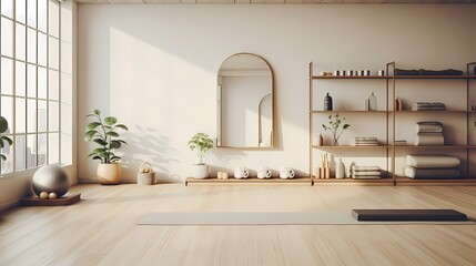 Minimalist spoty studio with bamboo flooring, neutral hues, and a curated display of yoga props