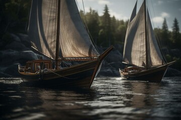 Nordic watercrafts with sails. Generative AI - obrazy, fototapety, plakaty