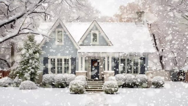 Winter snow-covered bungalow house in Dallas, Texas, representing middle class American residential living.