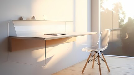 Minimalist study room with a floating desk, acrylic chair, and a focus on natural light