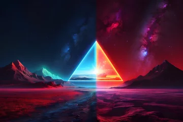 Foto op Canvas Abstract landscape with an arrow in the form of a triangle and neon lights. Fantasy alien planet. Mountain and lake. Generative AI © igor.nazlo