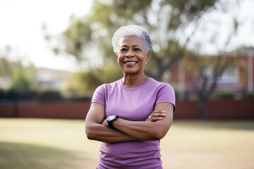 Smiling Black Senior Female in Active Wear