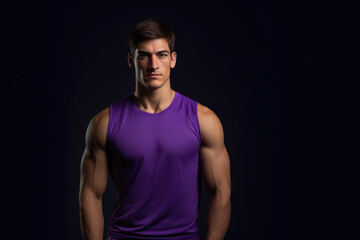 Naklejka premium Confident Standing Pose: Muscular Man in Purple Top