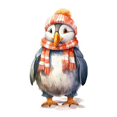 Obraz premium Puffin Wearing Winter Clothes For Christmas Event. Watercolor Style. AI Generated