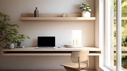 Minimalist workspace with a floating desk, wall-mounted shelves, and ample natural light