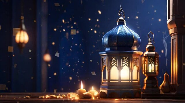 Ramadan decoration with arabic lantern and candle illuminates in the night. Seamless Animation 4K Video Background.