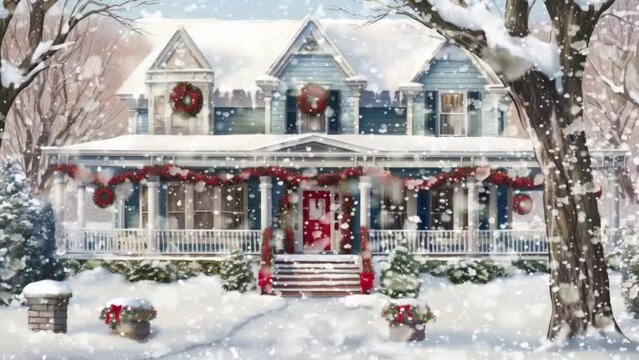 Winter trees frame a brick house with bay windows and a porch adorned with decorated pillars, a sled, and a visible Christmas tree.