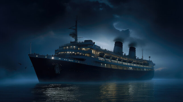 Ghostly Silence: Abandoned Cruise Ship in Moonlit Mist