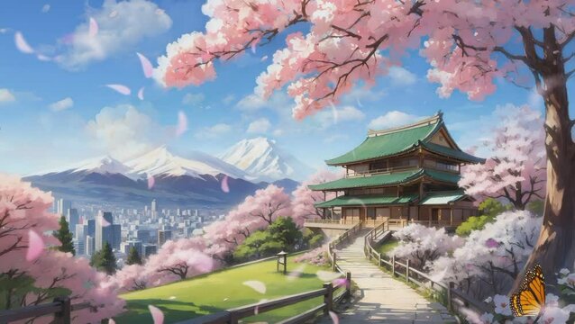 Bright ambience landscape of stunning morning sky, cherry blossom season, ancient house with simple animation in Japanese anime watercolour style. A smooth looping video perfect for your projects.