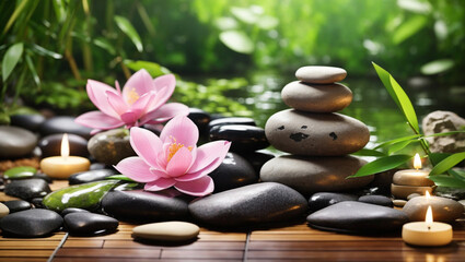 Zen stones, flower and water in a peaceful zen garden, relaxation time, wellness and harmony, massage, spa and bodycare concept
