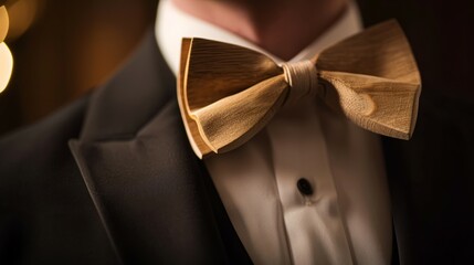 A picture of a bow tie in front of a dark room, in the style of varying wood grains, elegant clothing, light gold and white, sculpted. - Powered by Adobe