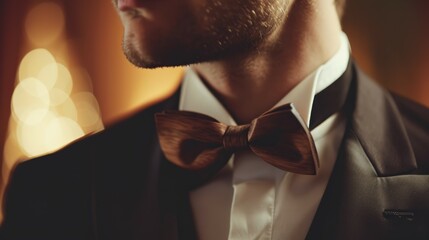 A man with a wooden bow tie in a black suit, in the style of warm tones, wood, soft edges and blurred details, fanciful elements, brown, subtle lighting, exquisite clothing detail.