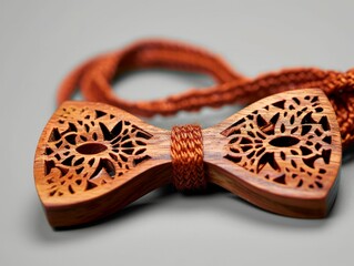 Fototapeta premium An oak wood bow tie on the top of a rope, in the style of intricate cut-outs.