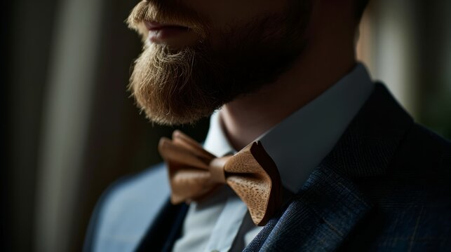 A wooden bow tie with a man's beard, in the style of matte photo, high detailed, organic textures, light brown and indigo, sculpted, selective focus, innovating techniques