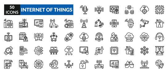 Internet Of Things linear icon collection set. includes signal, big data, internet, network, technology, smart home, traffic - obrazy, fototapety, plakaty